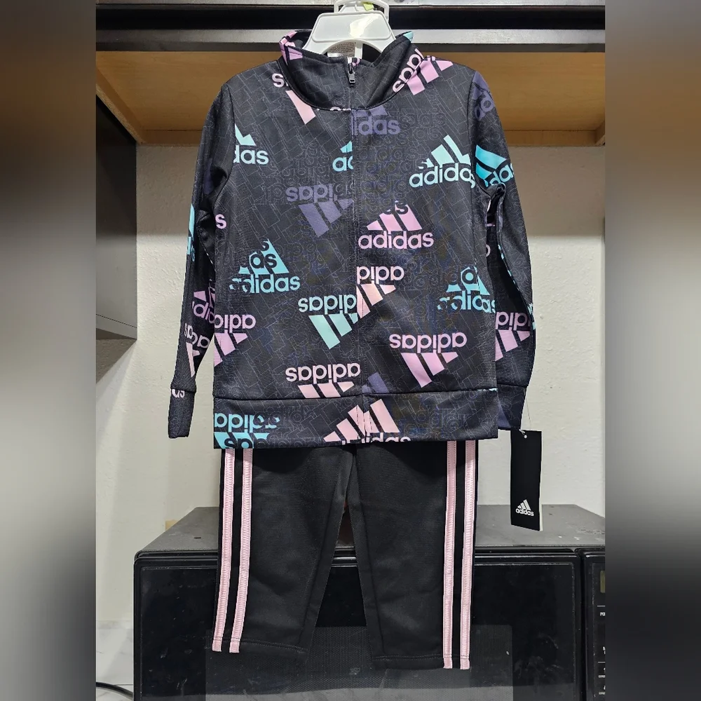 New Adidas Kids' Black Tracksuit with Pink and Blue Accents toddler girls 4T